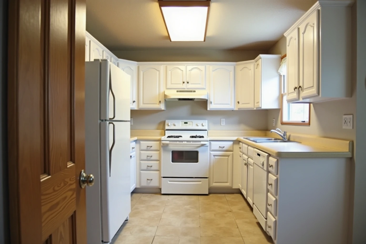 The same kitchen with the oak doors and drawer fronts replaced by white ones on the original boxes, counter and appliances unchanged.