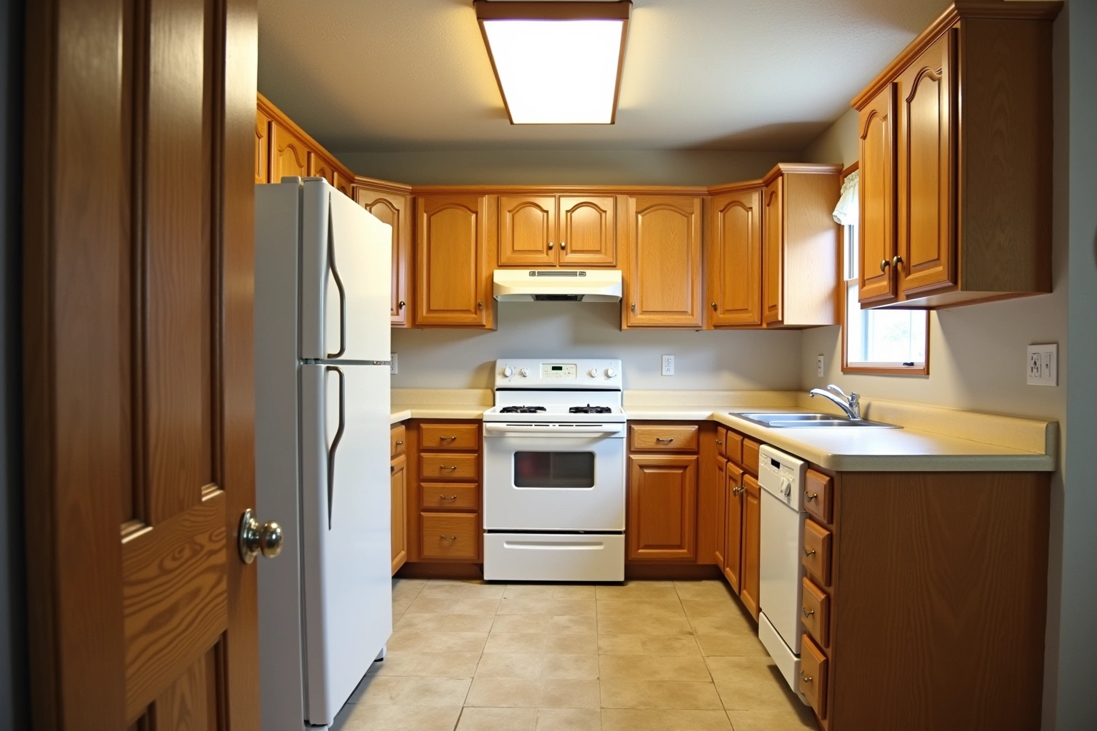 Dated kitchen with honey oak arched raised-panel cabinets, beige laminate counter, white range, and a fluorescent ceiling panel.