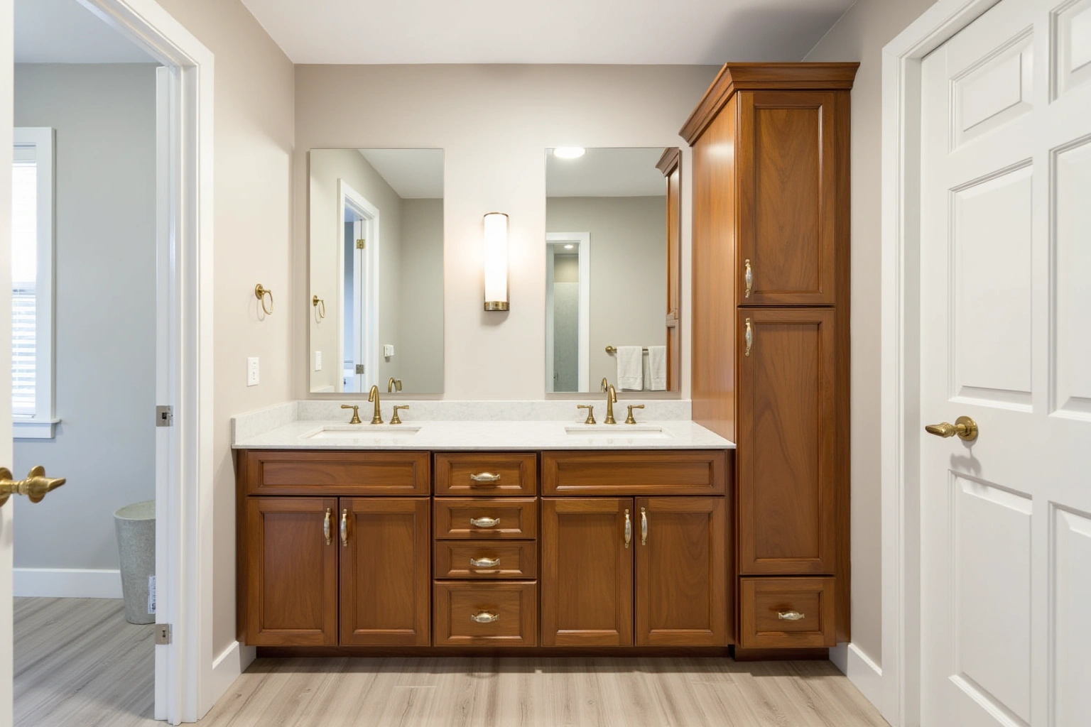 Warm brown wood double vanity with a quartz top, brass faucets, and a tall linen cabinet beside two mirrors.