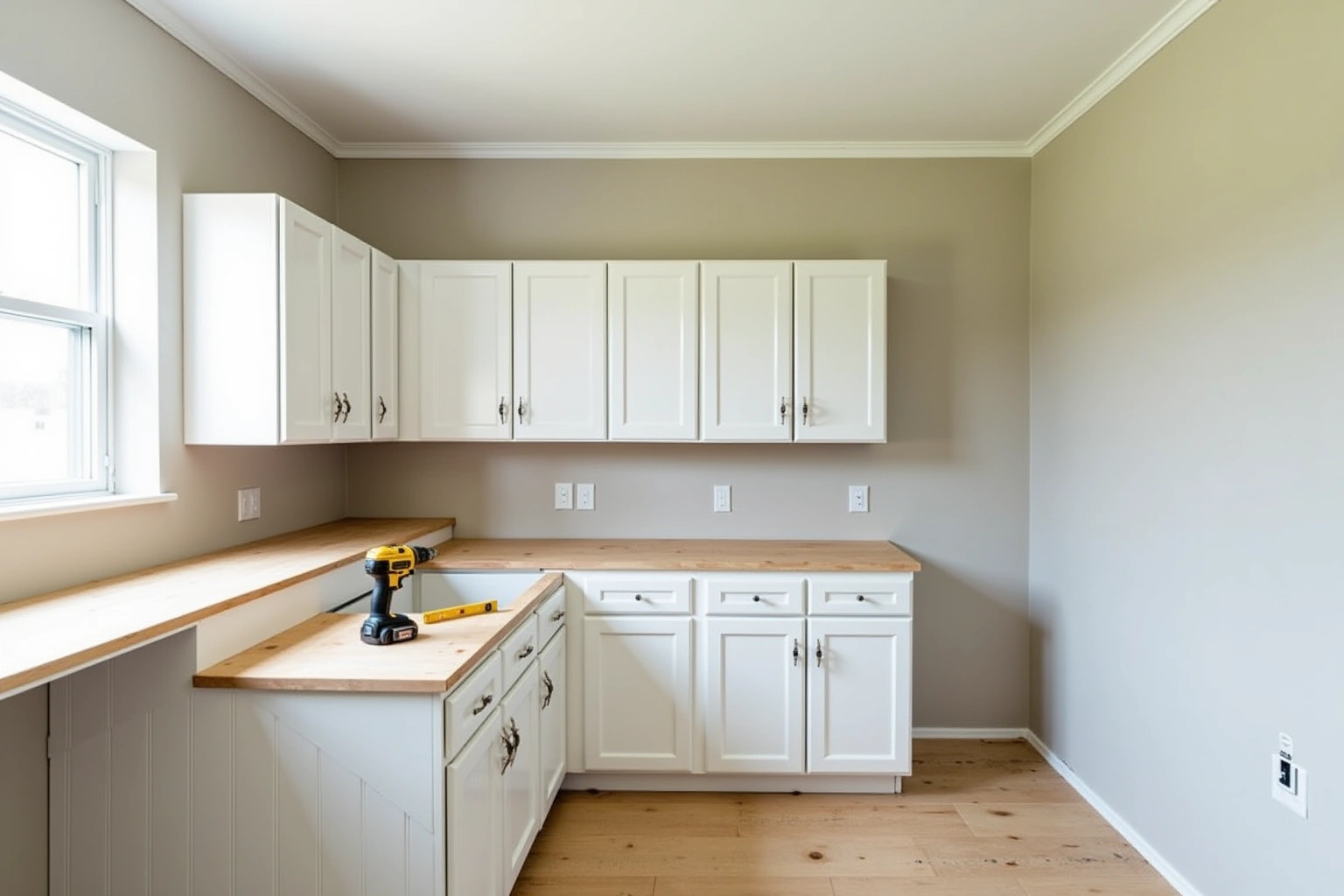 White shaker cabinets set in a new kitchen with plywood subtops, a drill and level, and primed walls.