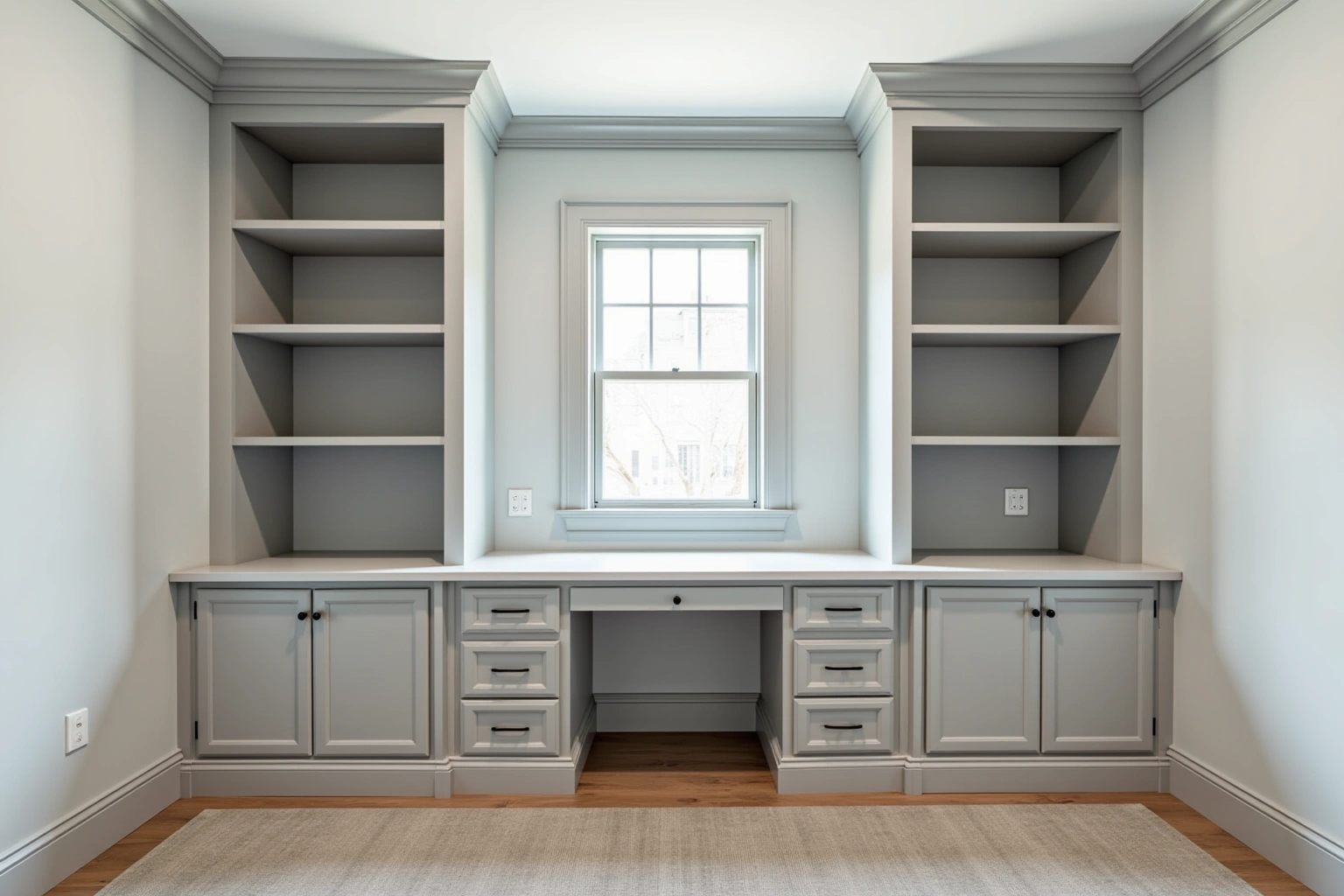 Grey painted built-in with open shelves on both sides of a desk nook beneath a window.