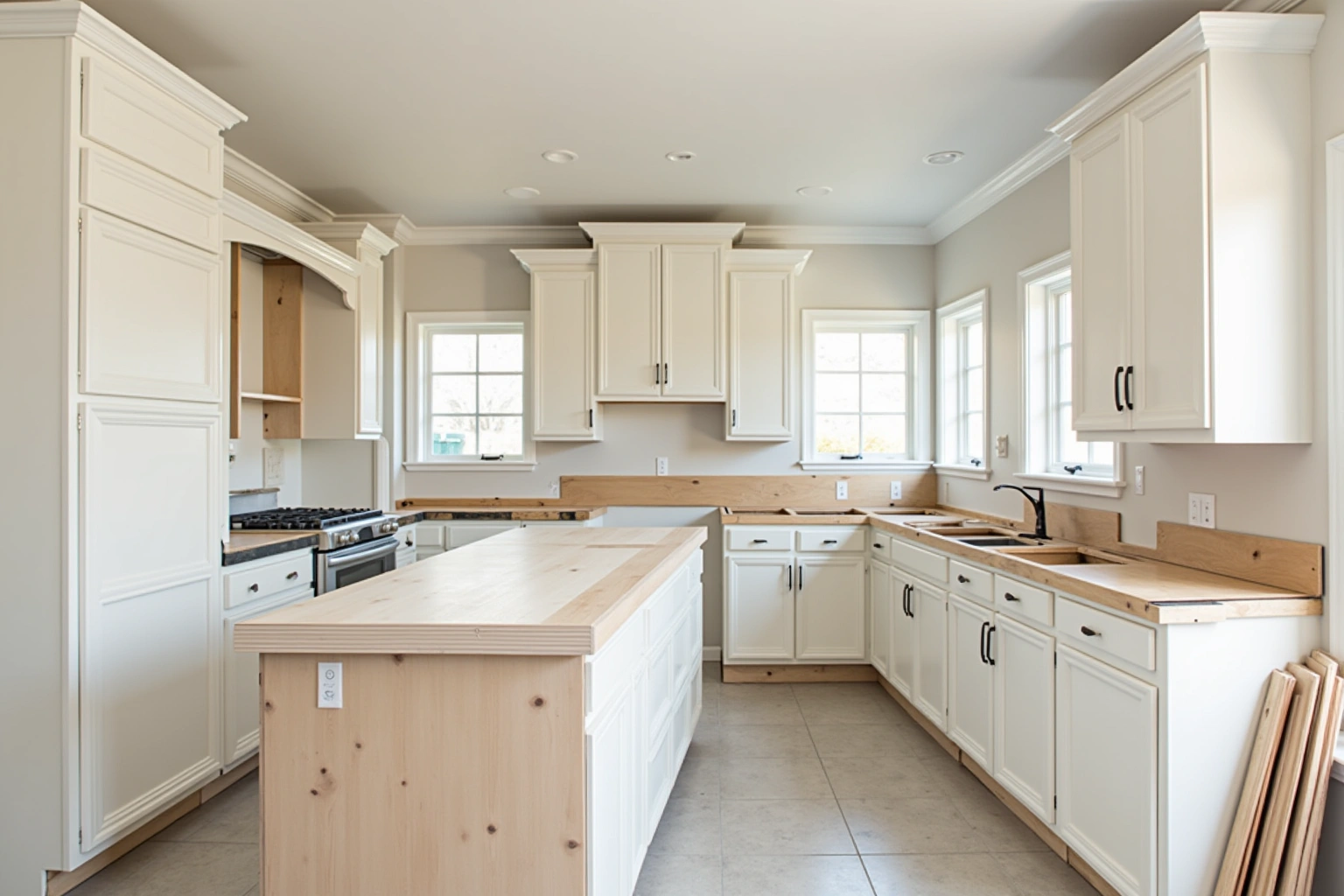 Kitchen mid-refacing with new white doors hung, bare plywood counters and island, and panels leaning against the wall.