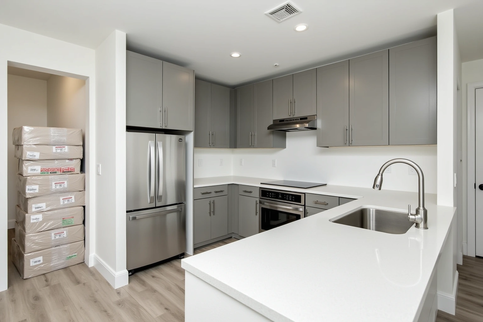 Apartment kitchen with grey shaker cabinets, white quartz counters, stainless appliances, and wrapped cabinet boxes stacked in the hall.