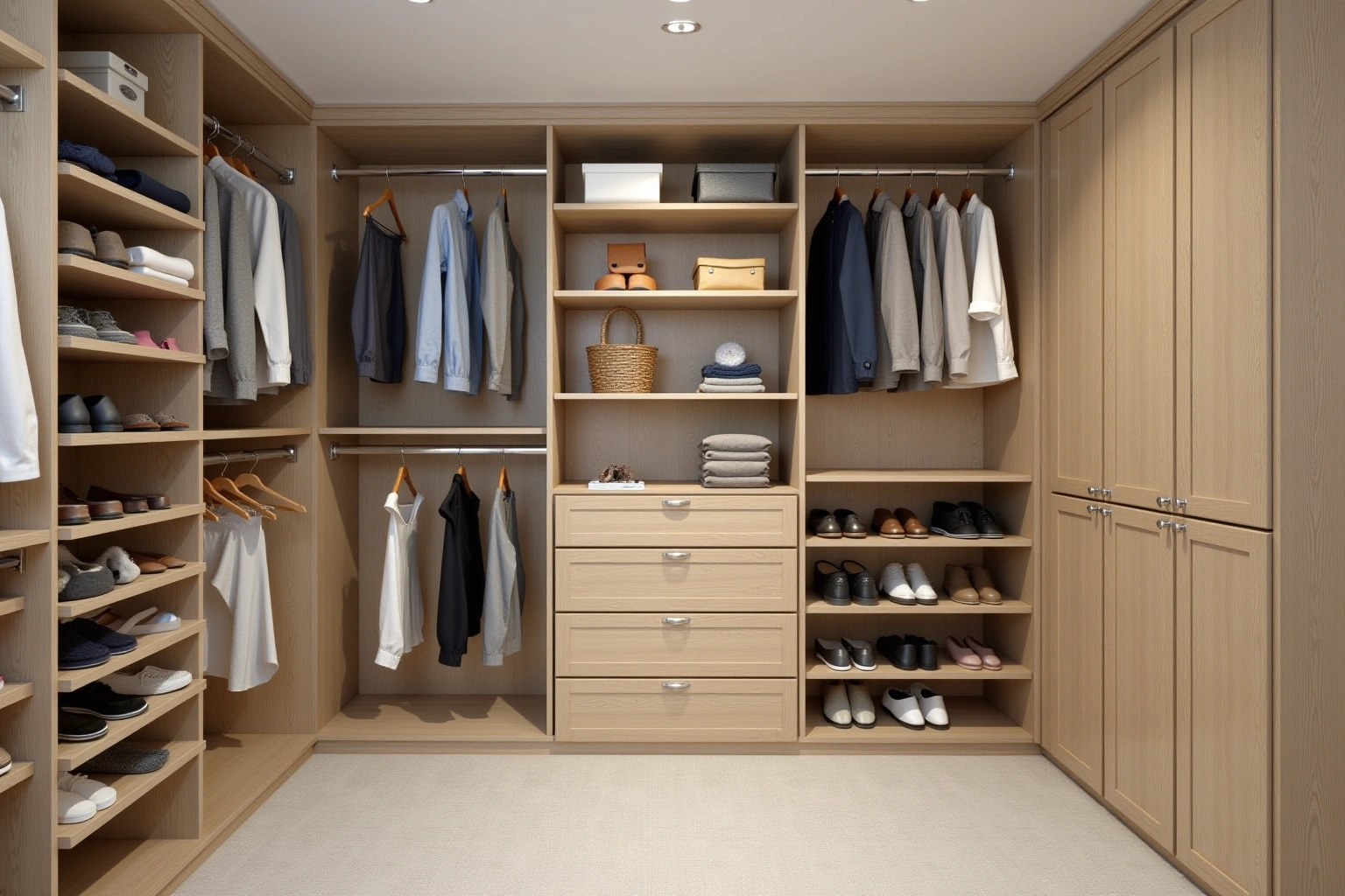 Walk-in closet in light oak with hanging sections, a bank of drawers, shoe shelves, and tall doors.