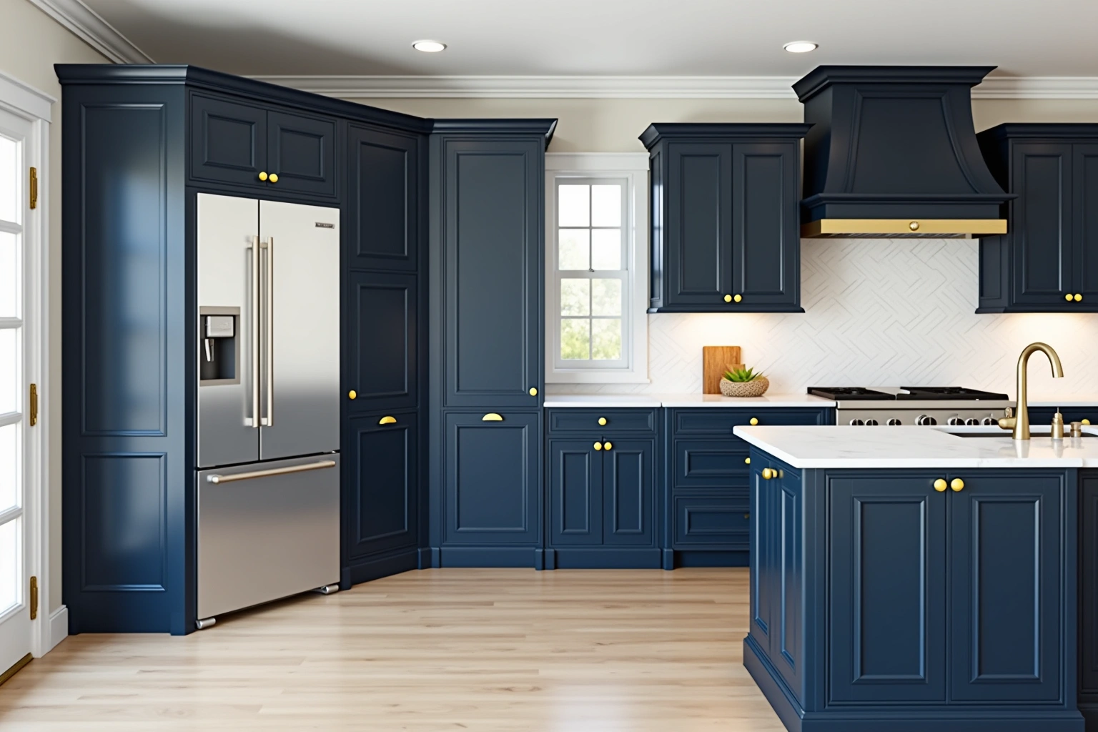 Navy floor-to-ceiling cabinets with brass knobs, a matching range hood, a stainless refrigerator, and a marble-topped island.