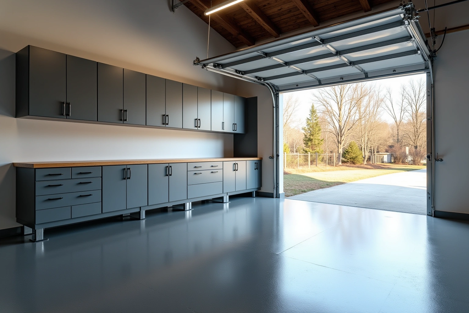 Empty garage with grey steel cabinets on legs, a wood workbench top, a glossy epoxy floor, and an open door.