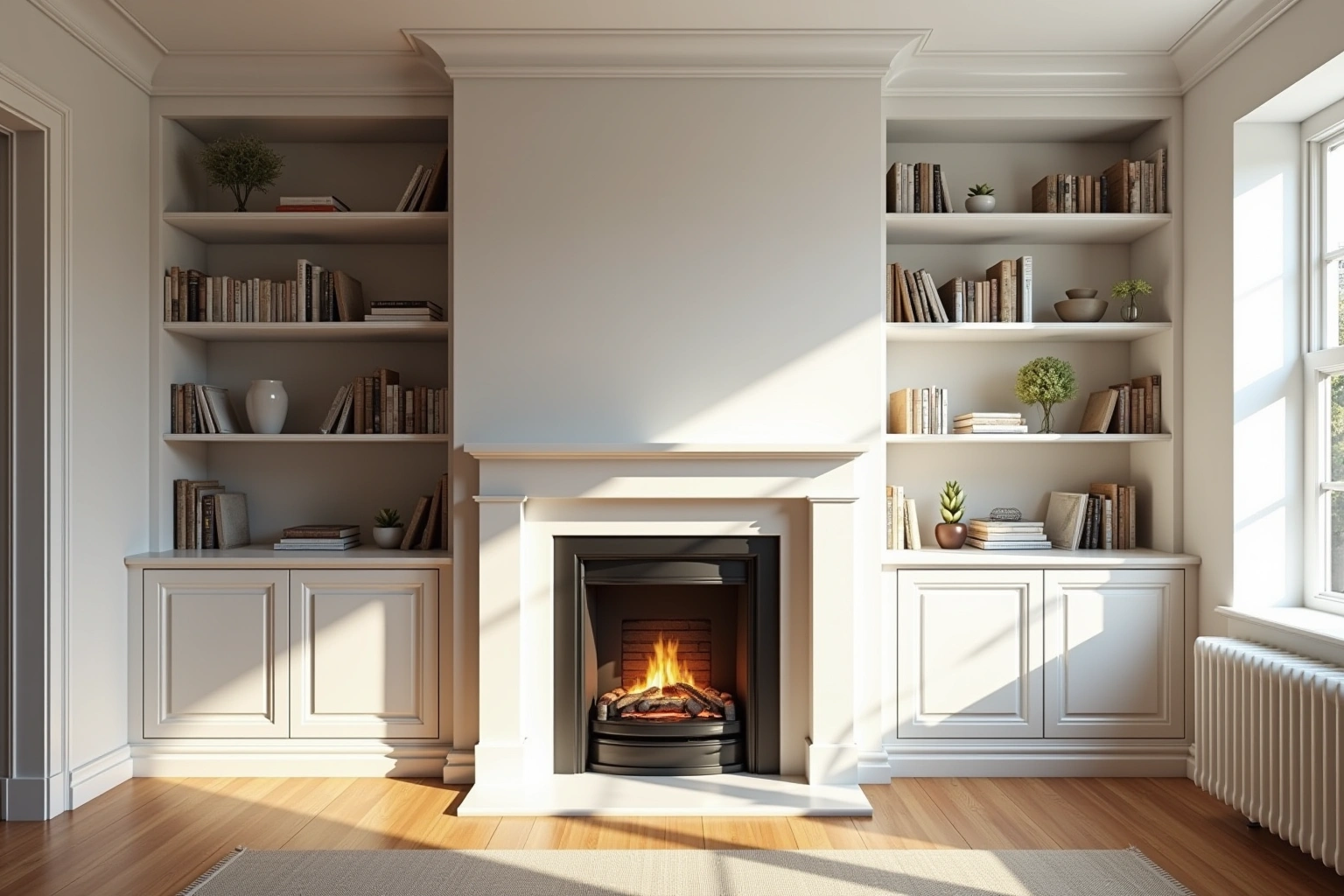 Warm white built-in bookcases and cabinets flanking a fireplace, shelves holding books and plants.