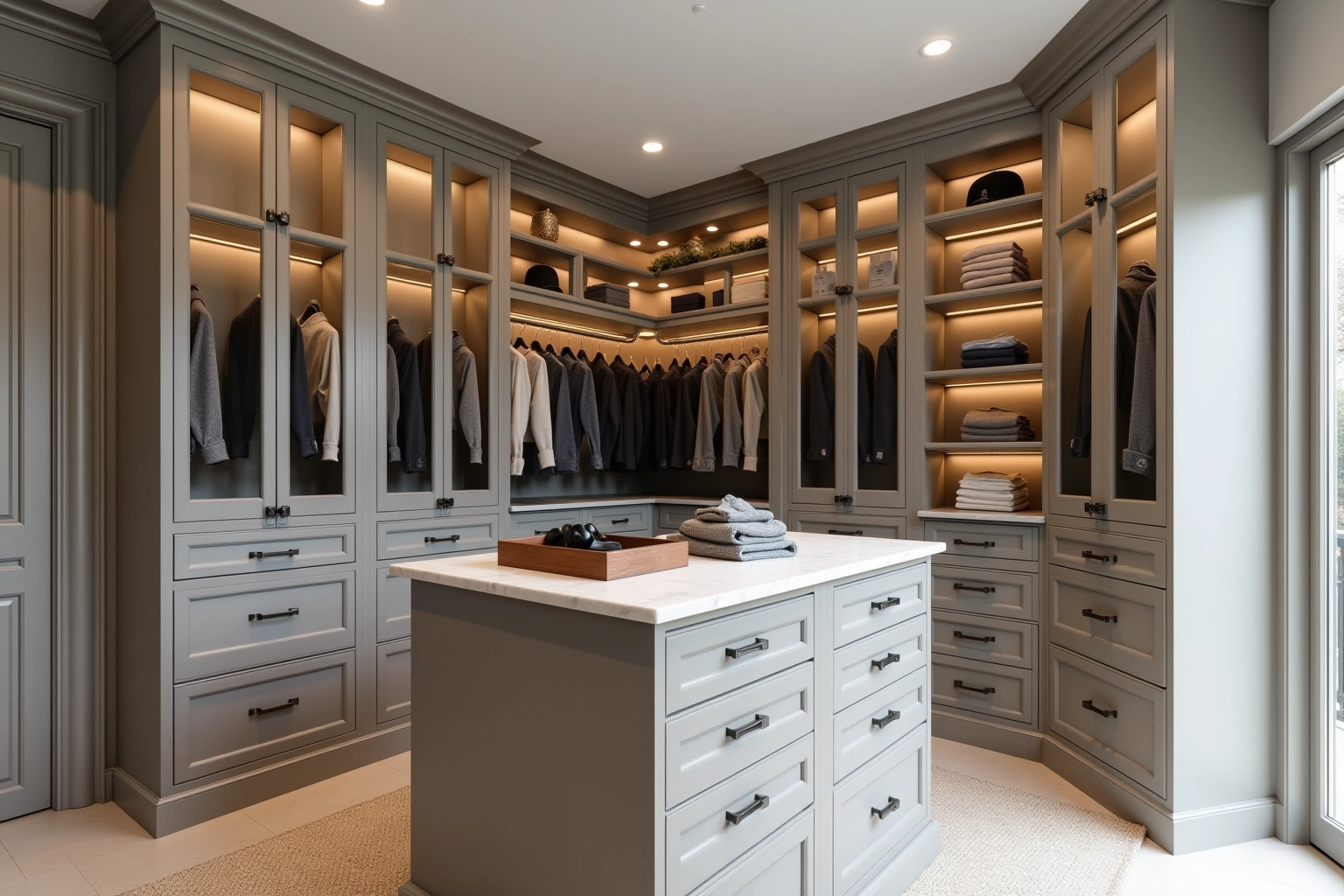 Walk-in closet with grey fitted cabinetry, lit glass-front doors, and a marble-topped island of drawers.
