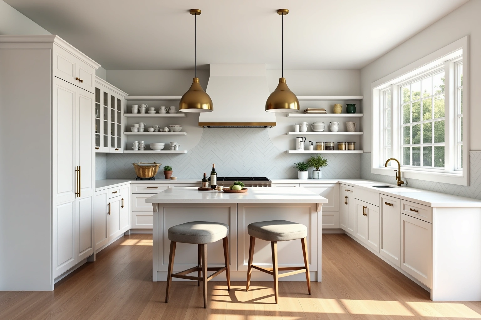 White shaker kitchen with brass pulls, a white island with two grey stools, and two brass pendants.