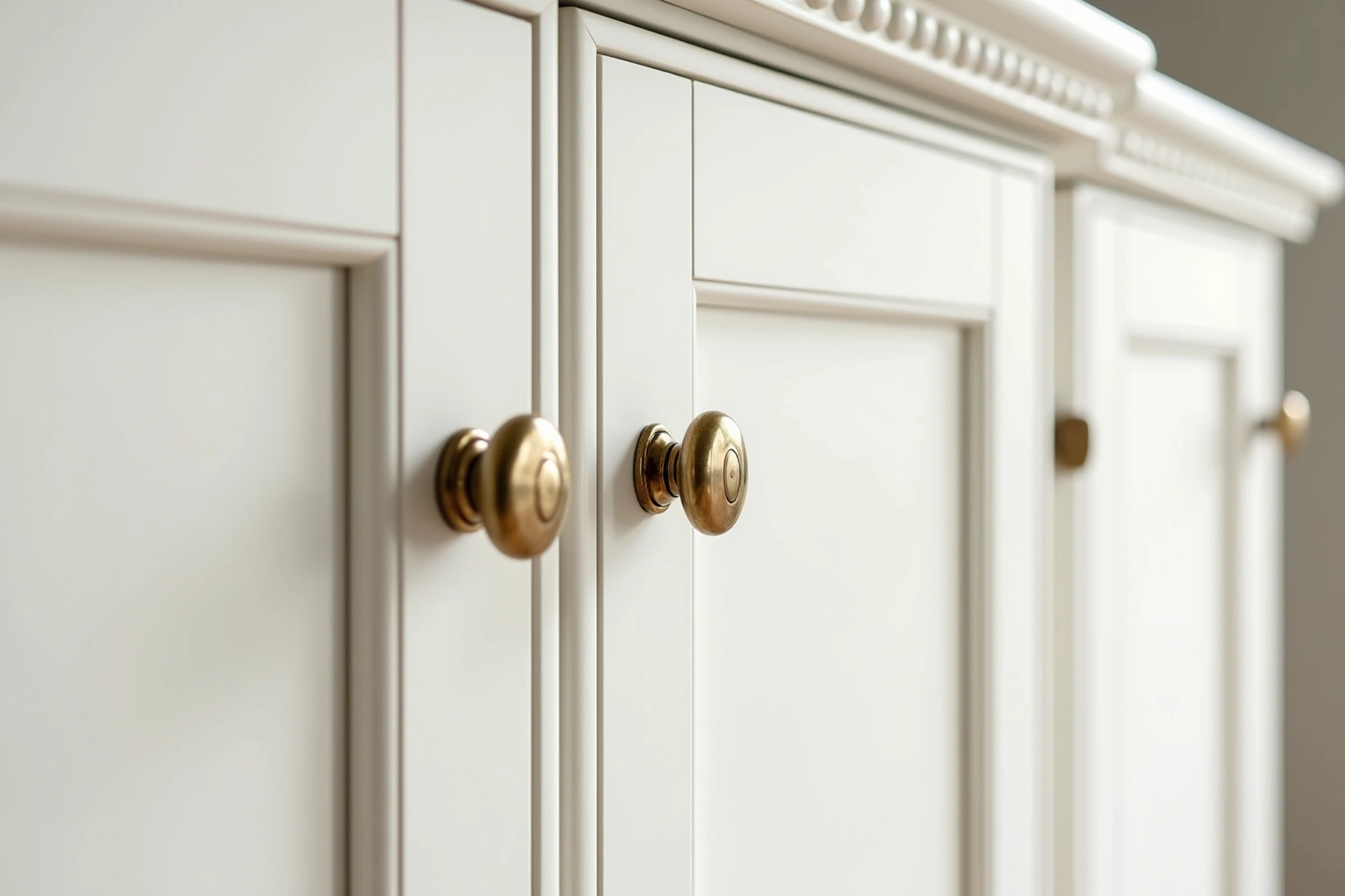 Close view of white inset cabinet doors flush in their frames with round brass knobs and beaded top molding.