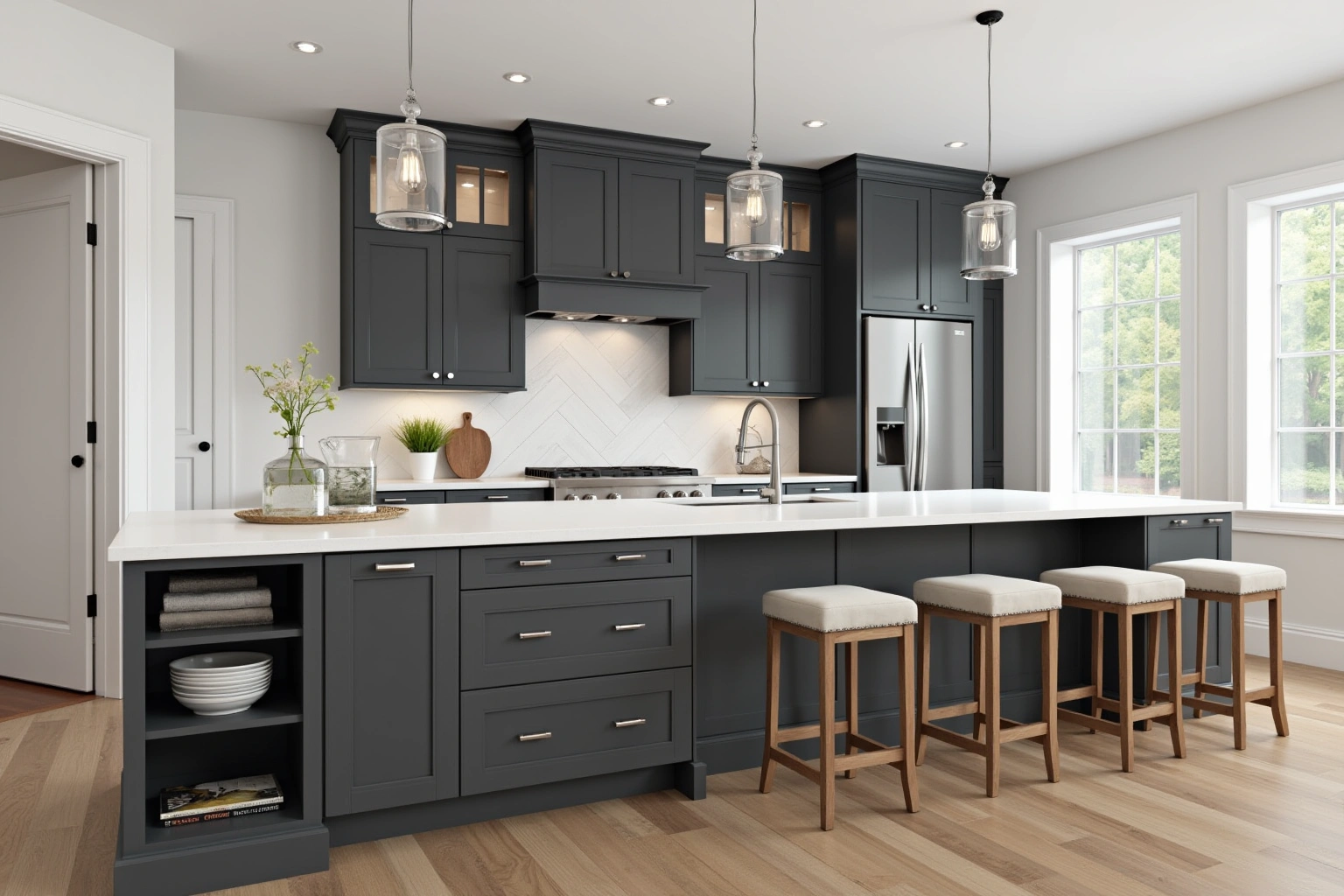 Long charcoal island with drawers, an open end shelf, four upholstered stools, and three glass pendants over a white top.