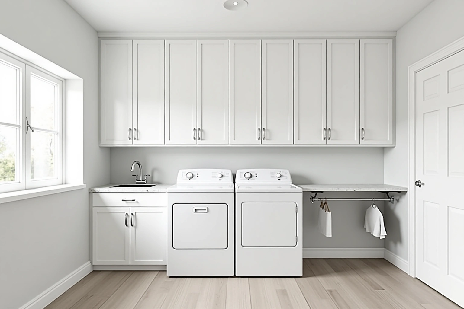 Laundry room with white shaker upper cabinets over a sink base, two white machines, and a hanging rod.
