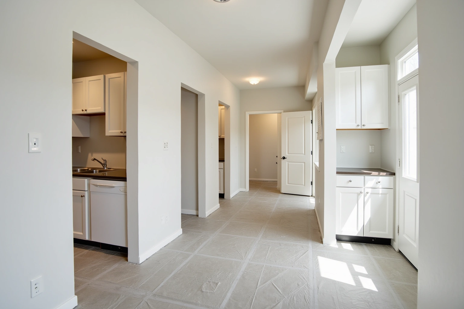 Corridor of a new building with open doorways showing identical white shaker kitchenettes over paper-covered floors.
