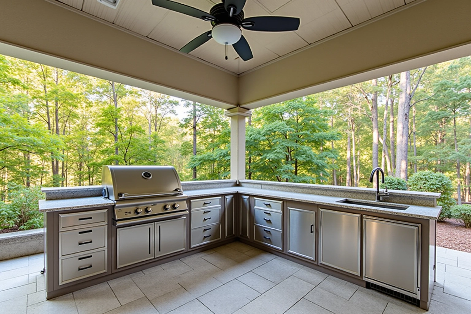 Covered patio outdoor kitchen with stainless drawers and doors under a granite counter, a built-in grill, and trees beyond.
