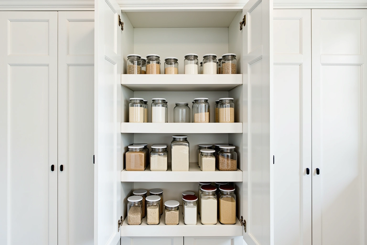 Tall white pantry with doors open on four shelves of plain glass jars, flanked by matching white doors.