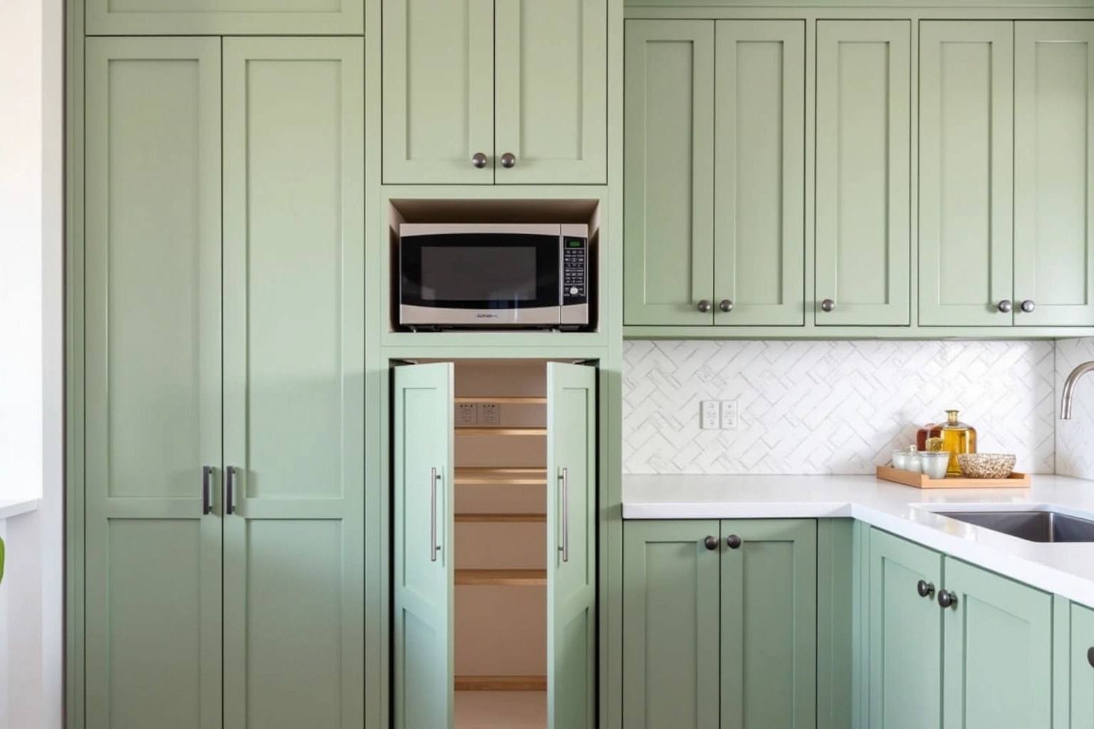 Sage green shaker cabinets with a microwave niche and an open tall cabinet showing shelves beside a herringbone backsplash.