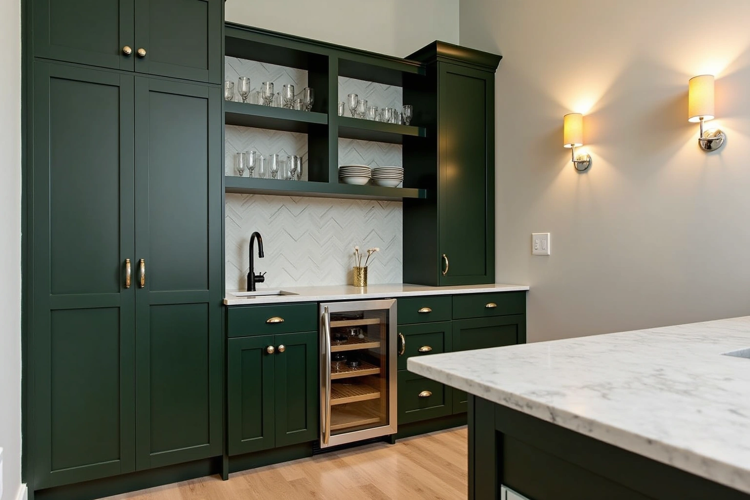 Dark green butler's pantry cabinets with open glassware shelves, a black faucet, a beverage fridge, and two sconces.