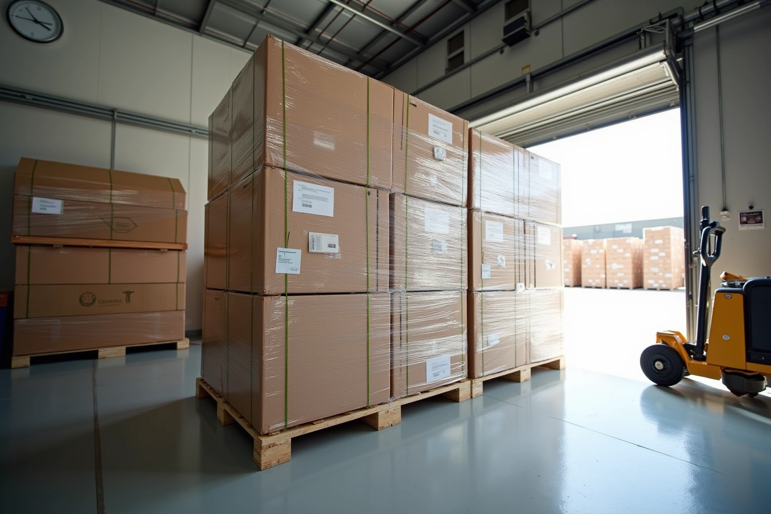 Pallets of shrink-wrapped cardboard cabinet boxes on a warehouse floor beside a pallet jack and an open loading door.